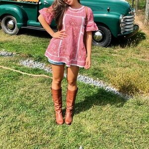 Free people Red Gingham Blouse with Floral Embroidery & pockets